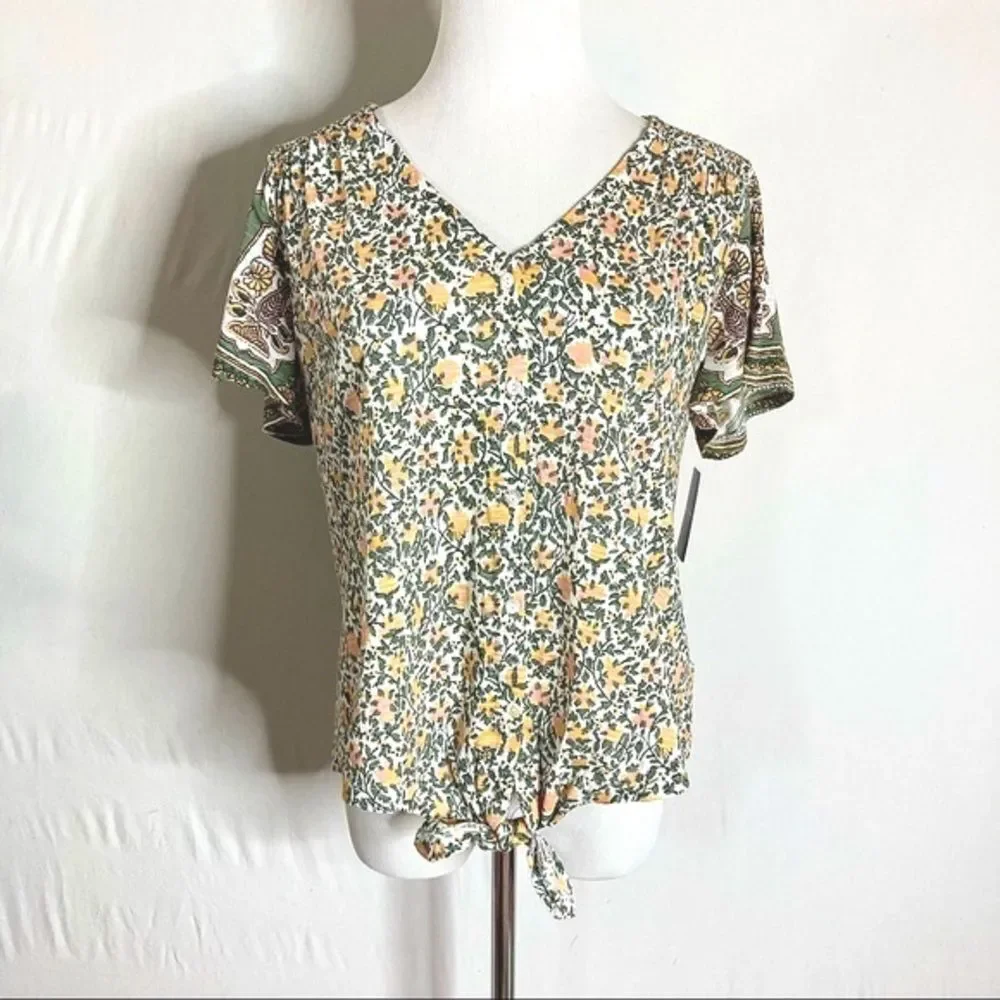 NWT Lucky Brand Tie Front Ditsy Floral Top Small Yellow Green Cottagecore Spring